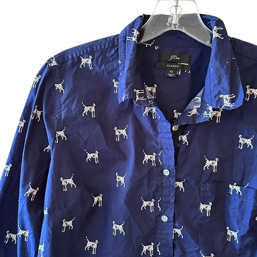 J. Crew Dalmatian Classic Shirt Womens Size 10 Blue Dog Novelty Popover Top